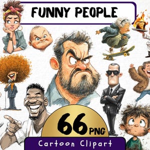 Könnte beinhalten: Eine Sammlung von 66 Cartoon-Clipart-Bildern mit verschiedenen lustigen Personen. Die Illustrationen zeigen eine Frau mit Stirnband, einen Mann mit Afro, einen Koch, einen Mann auf einem Skateboard und einen Sicherheitsbeamten. Der Text "FUNNY PEOPLE" und "Cartoon Clipart" sind ebenfalls vorhanden.