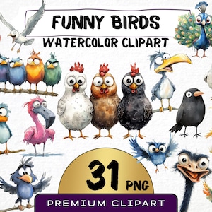 Clipart drôle d'oiseaux 31 Png, caricature d'oiseaux mignons, aquarelle originale de poulet, perroquet de dessin animé, oiseaux fantaisistes sur une branche, impression numérique
