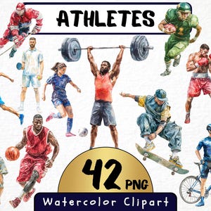 Może przedstawiać: Akwarelowa grafika clipart przedstawiająca sportowców w akcji w różnych dyscyplinach: hokej, futbol amerykański, boks, podnoszenie ciężarów, koszykówka, piłka nożna, skateboarding, kolarstwo i sumo. Nad obrazami widnieje napis "ATHLETES".