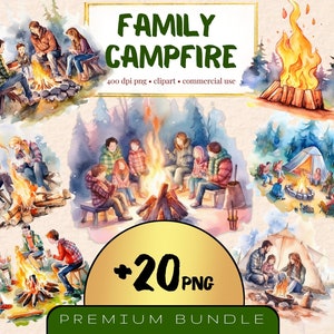 Fogueira em aquarela com clipart de família, conjunto de 20, cenário de acampamento em aquarela png, observação de estrelas, fogueira aconchegante, férias de verão, diversão ao ar livre