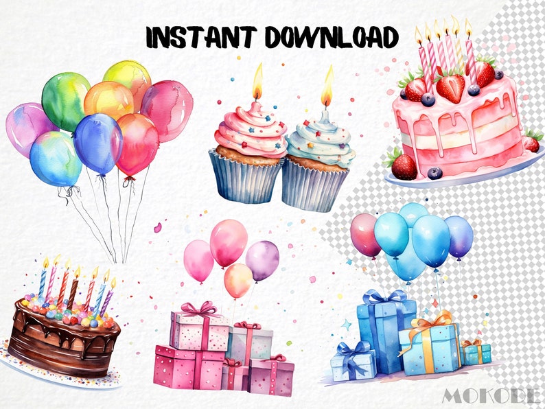 Watercolor Birthday Party Clipart 31 Png Happy Birthday Cake Invitation ...