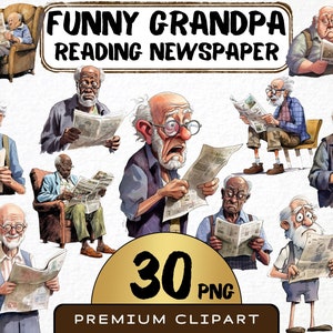 Clipart de abuelo de periódico divertido (30 PNG), caricatura de anciano, persona mayor en acuarela, bisabuelo de dibujos animados, arte digital, álbum de recortes