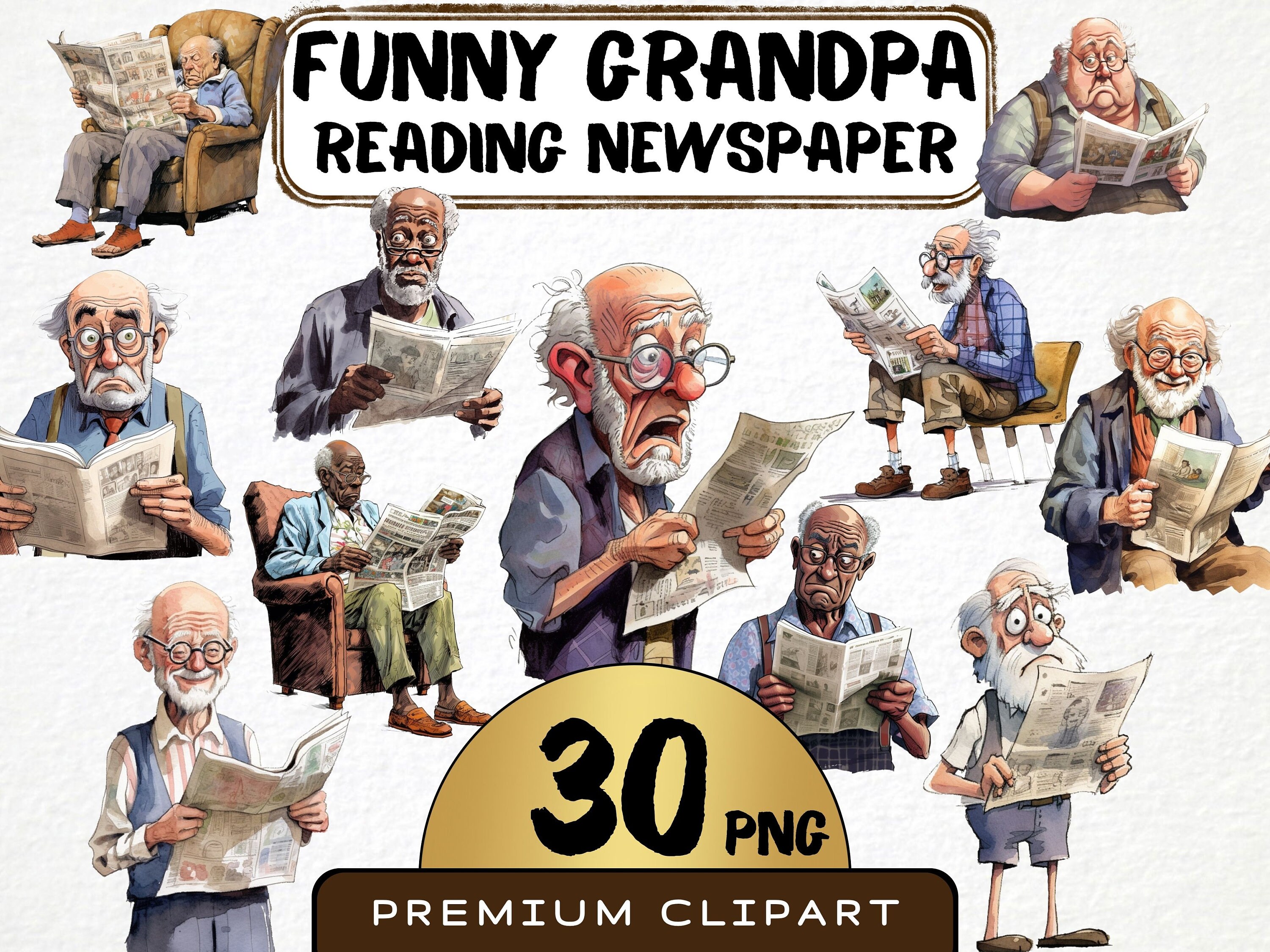 Funny Newspaper Grandpa Clipart 30 Png, Caricature Old Man, Watercolor Elderly Person, Cartoon Great Grandparent, Digital Art, Scrapbooking