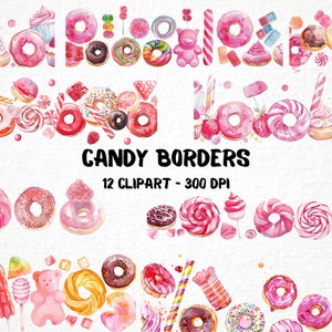 Watercolor Pink Candy Borders 12 Png Clipart Bundle, Food Graphics, Scrapbooking Elements, Card Making Stationery Borders, Commercial Use