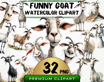 Funny Goat Clipart 32 Png, Cute Caricature Farm Animals, Goat Watercolor, Farm Kid Portrait, Cartoon Animal, Digital Art, Scrapbooking