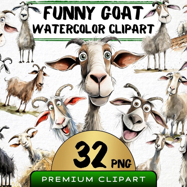 Funny Goat Clipart 32 Png, Cute Caricature Farm Animals, Goat Watercolor, Farm Kid Portrait, Cartoon Animal, Digital Art, Scrapbooking
