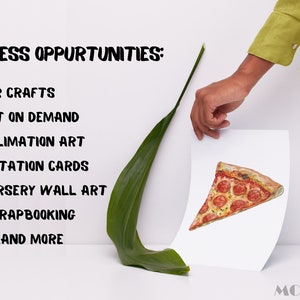 May include: A white sheet of paper with a watercolor illustration of a slice of pepperoni pizza. The paper is being held by a hand. Text on the left side of the image reads "ENDLESS OPPORTUNITIES: PAPER CRAFTS PRINT ON DEMAND SUBLIMATION ART INVITATION CARDS NURSERY WALL ART SCRAPBOOKING ...AND MORE"