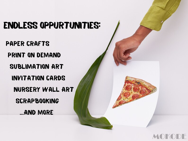 May include: A white sheet of paper with a watercolor illustration of a slice of pepperoni pizza. The paper is being held by a hand. Text on the left side of the image reads "ENDLESS OPPORTUNITIES: PAPER CRAFTS PRINT ON DEMAND SUBLIMATION ART INVITATION CARDS NURSERY WALL ART SCRAPBOOKING ...AND MORE"