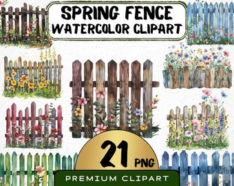 May include: A set of 21 watercolor clipart images of spring fences with flowers. The fences are in various colors, including brown, blue, green, and red. The flowers are in shades of pink, purple, yellow, and blue.
