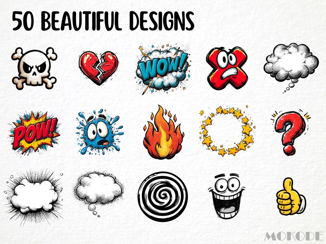 Comic Signs Clipart Bundle – 50 PNG Cartoon Symbols, Speech Bubbles ...
