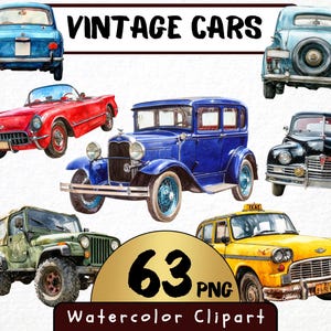 Vintage Autos Clipart 63 PNG, Aquarell Retro Fahrzeuge, klassische Oldtimern, ausgefallene antike Autos, digitale Auto Grafiken, sofortiger Download