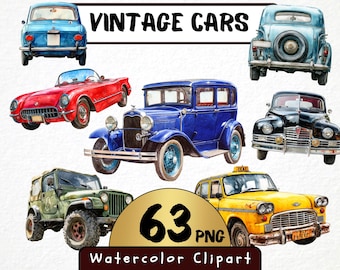 Imágenes prediseñadas de coches clásicos en acuarela, 63 gráficos PNG para automóviles (descarga digital)