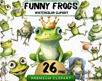 Funny Frog Watercolor Clipart, Caricature Animals (26 PNG) (Digital Prints)