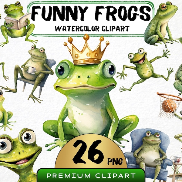 Funny Frog Clipart 26 Png, Cute Caricature Toad, Swamp Watercolor, Amphibians Portrait, Cartoon Jumper Animals, Digital Prints, Scrapbooking