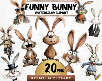 Funny Bunny Clipart 20 Png, Cute Caricature Pets, Quirky Rabbit Watercolor , Cartoon Animals, Digital Prints, Sticker, Scrapbooking