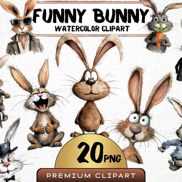 Clipart drôle de lapin 20 Png, animaux de compagnie caricature mignon, lapin original aquarelle, dessins animés animaux, impressions numériques, autocollant, scrapbooking