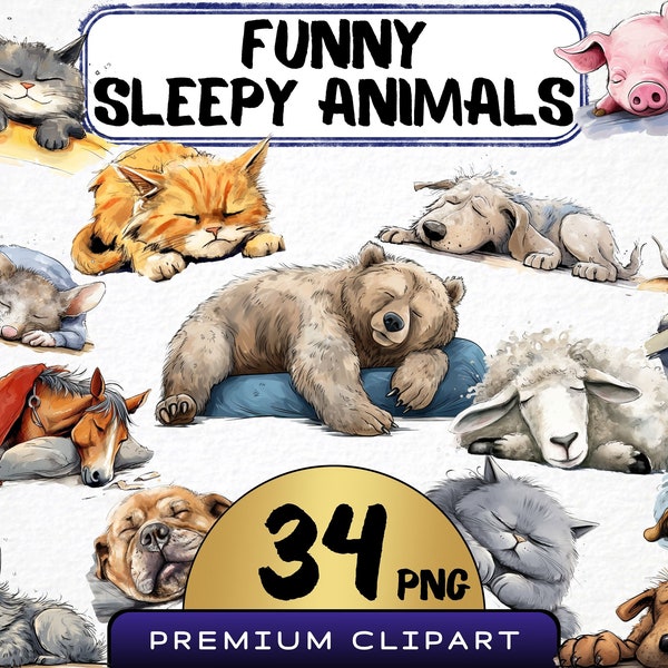 Funny Sleepy Animals Clipart 34 Png, Cute Caricature Pets, Silly Bedtime Dog, Cartoon Tired Cat, Digital Art, Scrapbooking, Prints