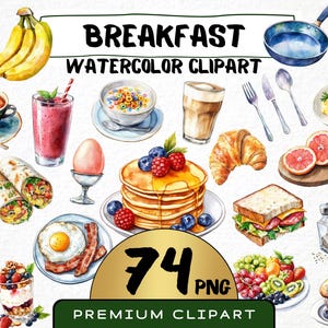 Watercolor Breakfast Clipart 74 Png, Morning Food, Pancakes with Coffee, Cereal, Orange Juice Fruits Jam, Digital Prints, Commercial Use