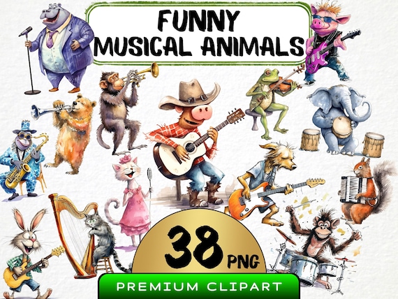 Funny Musical Animals Clipart, 38 PNG Images (Digital Download)