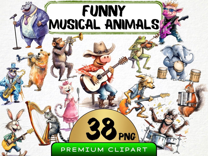 junk journal	card making	humorous animals	funny dog clipart	watercolor animals	funny animal png	funny music dog	dog playing guitar	rock star animals	silly pianist bear	musical animals art	trumpet elephant png	music pet clipart
