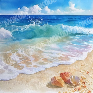 12 disegni di riva del mare ad acquerello di alta qualità PNG, illustrazione di isola tropicale, diario, arte murale, download digitale, uso commerciale