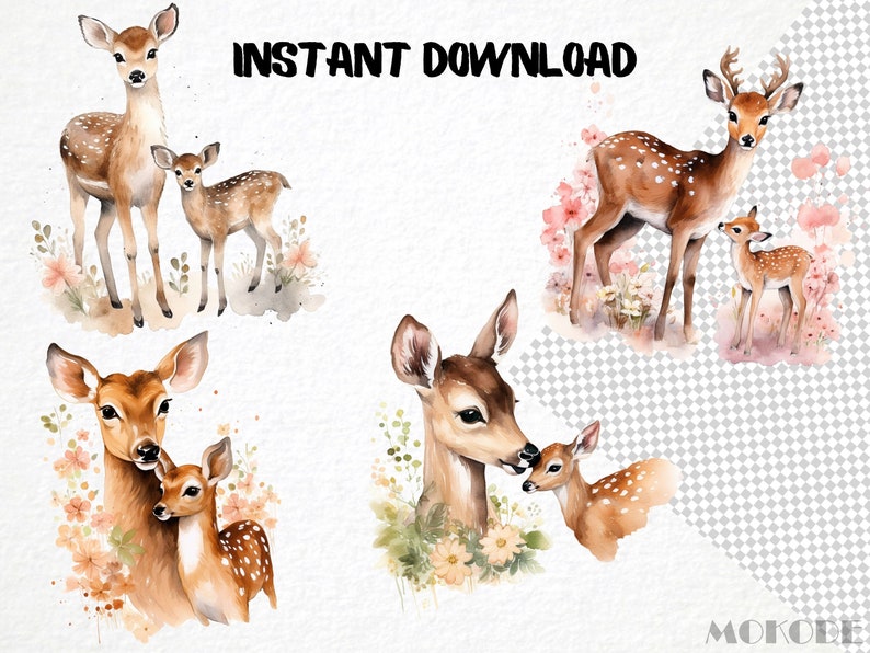 soft beige pastel	watercolor baby pet	nursery decor	digital prints	nursery scrapbooking	nursery baby animal	cute fawn clipart	woodland cute	mama and baby pet	baby fawn png	mothers day art	cuddle mom and baby	commercial use