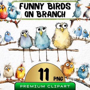 Funny Birds on Branch Clipart 11 Png, Cute Caricature Songbirds, Quirky Bird Watercolor, Silly Animal Png, Digital Print Scrapbooking