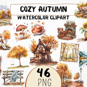 Watercolor Cozy Autumn Clipart 46 Png, Fall Home Fireplace, Autumn Coffee, Fall Window, Digital Download Commercial Use