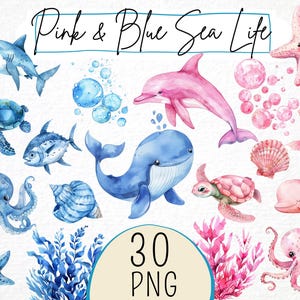 Aquarelle bleu et rose Sea Life Clipart, carte d'anniversaire garçons et filles, fichier numérique imprimable, chambre d'enfant requin, poisson mignon téléchargement immédiat