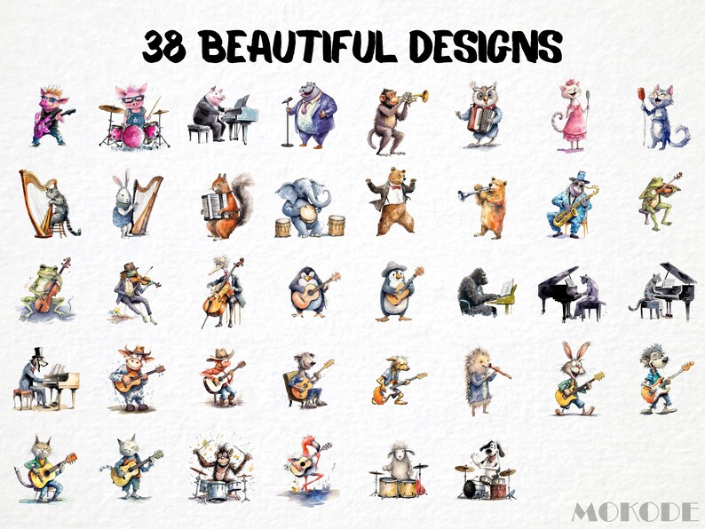May include: 38 watercolor illustrations of animals playing musical instruments. The animals include a frog, a penguin, a bear, a cat, a squirrel, a monkey, a rabbit, a cow, a hedgehog, a flamingo, a sheep, and a dog. The instruments include a guitar, a piano, a drum set, a trumpet, a saxophone, a cello, a harp, and an accordion. The illustrations are in a whimsical style and are perfect for adding a touch of fun to any project.