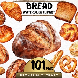 Clipart de pão aquarela, 101 Png, padaria aquarela, arte de produtos assados, gráficos de pão com sementes, pretzel Png, scrapbooking, impressões digitais