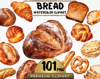 May include: Watercolor illustrations of various types of bread, including a loaf of sourdough, a croissant, a pretzel, a baguette, and a roll. The image includes the text "BREAD WATERCOLOR CLIPART 101 PNG PREMIUM CLIPART".