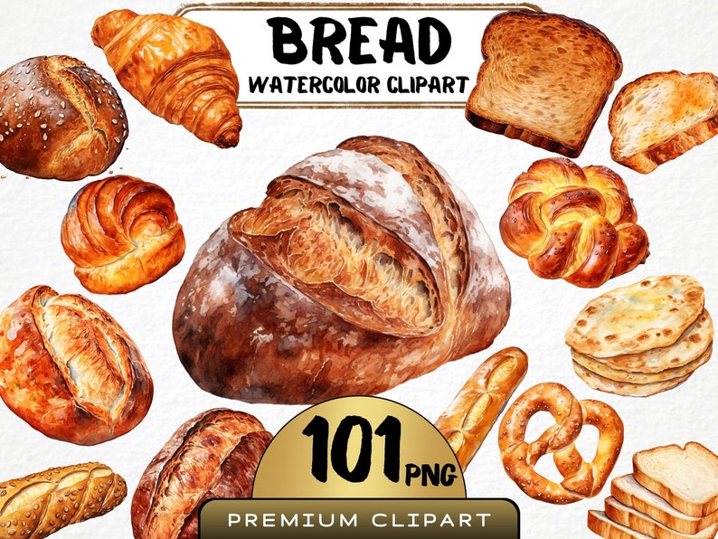 Artisan Bread Illustrations, Bakery Watercolor Graphics, Rustic Loaf Clipart, Gourmet Bread Icons, Delicious Baked Goods Art, Hand-painted Baguette Elements, Sourdough Watercolor Designs, Premium Pastry Prints, Savory Bread Scrapbooking