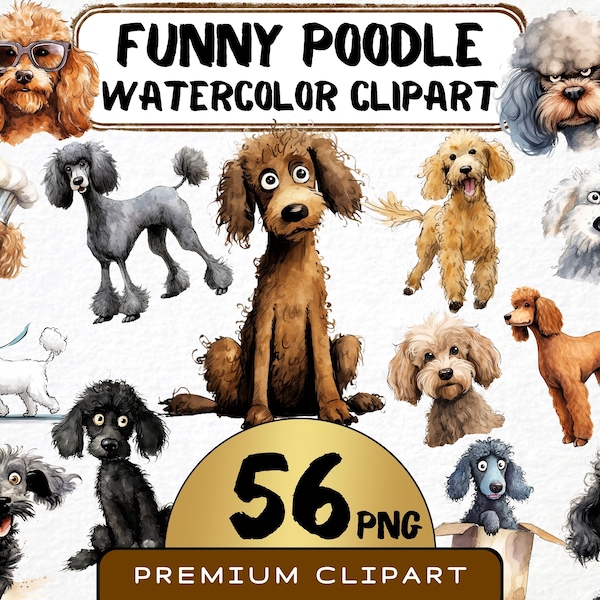 Clipart drôle de caniche, 56 png, caricature mignonne de compagnie, aquarelle de chiots, chien caniche toy drôle, dessin animé d'animaux, impressions numériques, scrapbooking