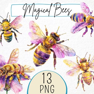 Watercolor Pink Golden Bee Clipart, 13 Png, Cute Bee Print, Summer Paper Craft, Printable Digital File, Invitation card, Instant Download