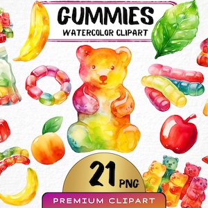 Gummy Candy Clipart, 21 Png, Watercolor Gummies, Gummy Bear Prints, Yummy Candy Art, Sweets Illustration, Digital Prints, Commercial Use