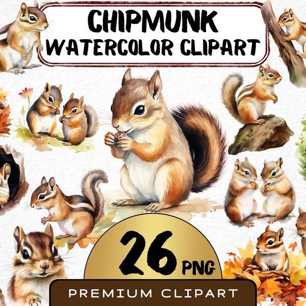 Watercolor Chipmunk Clipart 26 Png, Woodland Animal, Autumn Squirrel Art, Cute Forest Illustration, Printable Digital File, Invitation card