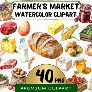 Watercolor Farmer's Market Clipart 40 Png, Whole Foods, Milk, Flour, Bread, Farm-Fresh Graphic, Scrapbooking, Digital Prints, Commercial Use
