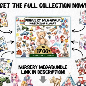 May include: A collection of watercolor clipart illustrations for nursery decor. The illustrations include a farm, police, space, princess, birthday party, and fire station themes. The text reads "Nursery Megapack Watercolor Clipart" and "Nursery Megabundle Link in Description!"