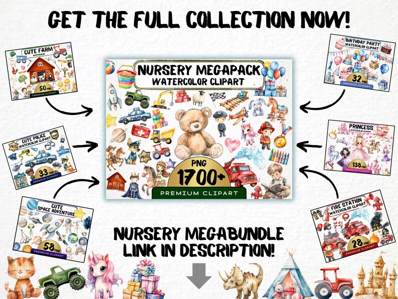 May include: A collection of watercolor clipart illustrations for nursery decor. The illustrations include a farm, police, space, princess, birthday party, and fire station themes. The text reads "Nursery Megapack Watercolor Clipart" and "Nursery Megabundle Link in Description!"