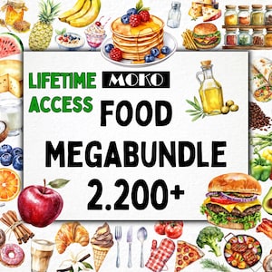 Megabundle de alimentos, 2500 PNG, frutas y verduras en acuarela, arte para el almuerzo, gráficos de alimentos, pan PNG, pastel, álbum de recortes, impresiones digitales