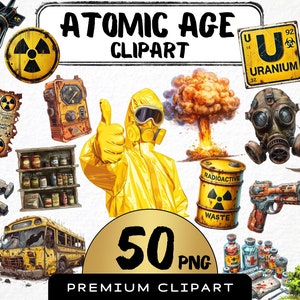 Könnte beinhalten: Digitales Clipart-Set mit Illustrationen des Atomzeitalters. Enthält einen gelben Schutzanzug, eine Atompilzexplosion, ein Fass mit radioaktivem Abfall, eine Gasmaske und eine Bombe. Der Text "ATOMIC AGE CLIPART" und "50 PNG" sind ebenfalls vorhanden.