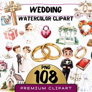 Aquarelle mariage mignon Clipart 108 Png, dessin animé mariage nuptiale de douche graphique, faire gagner la date d'invitation, impressions numériques, téléchargement immédiat