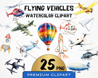 Aquarell fliegende Fahrzeuge Clipart, Flugzeug, Hubschrauber (digitaler Download)
