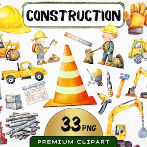 Aquarell Baustelle Clipart, 33 Png, Sofort Download Baufahrzeug, Planierraupe, Bagger, Zement-LKW, Kindergarten Digitaldrucke