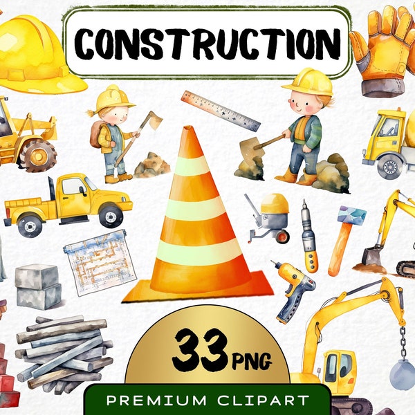 Watercolor Construction Clipart, 33 Png, Construction Vehicle Instant Download, Bulldozer, Cement Truck, Excavator, Nursery Digital Prints