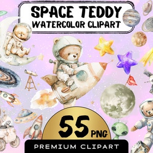 Acquerello Astronauta Orsacchiotto Clipart 55 Png, Orsacchiotti Spaziali, Stella, Astronave, Astronomia, Asilo nido pastello, Grafica sognante, Scrapbooking