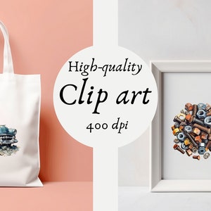 May include: Two digital illustrations, one of a rusty car and the other of a pile of nuts and bolts, are shown on a white tote bag and in a white frame. The text "High-quality Clip art 400 dpi" is visible in the image.
