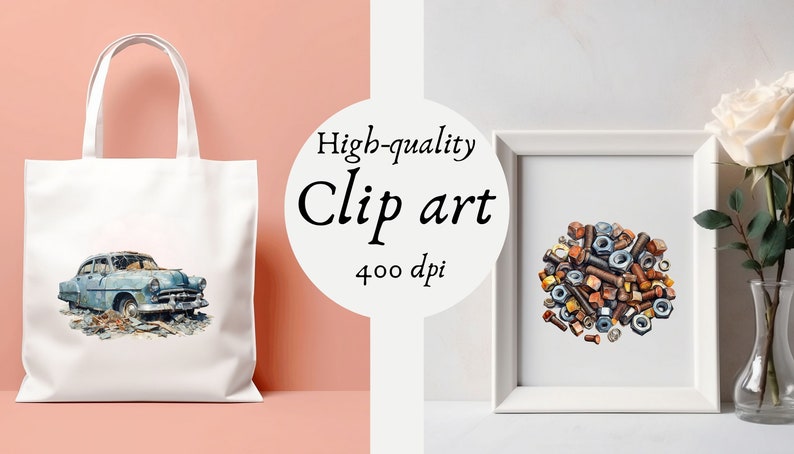 May include: Two digital illustrations, one of a rusty car and the other of a pile of nuts and bolts, are shown on a white tote bag and in a white frame. The text "High-quality Clip art 400 dpi" is visible in the image.