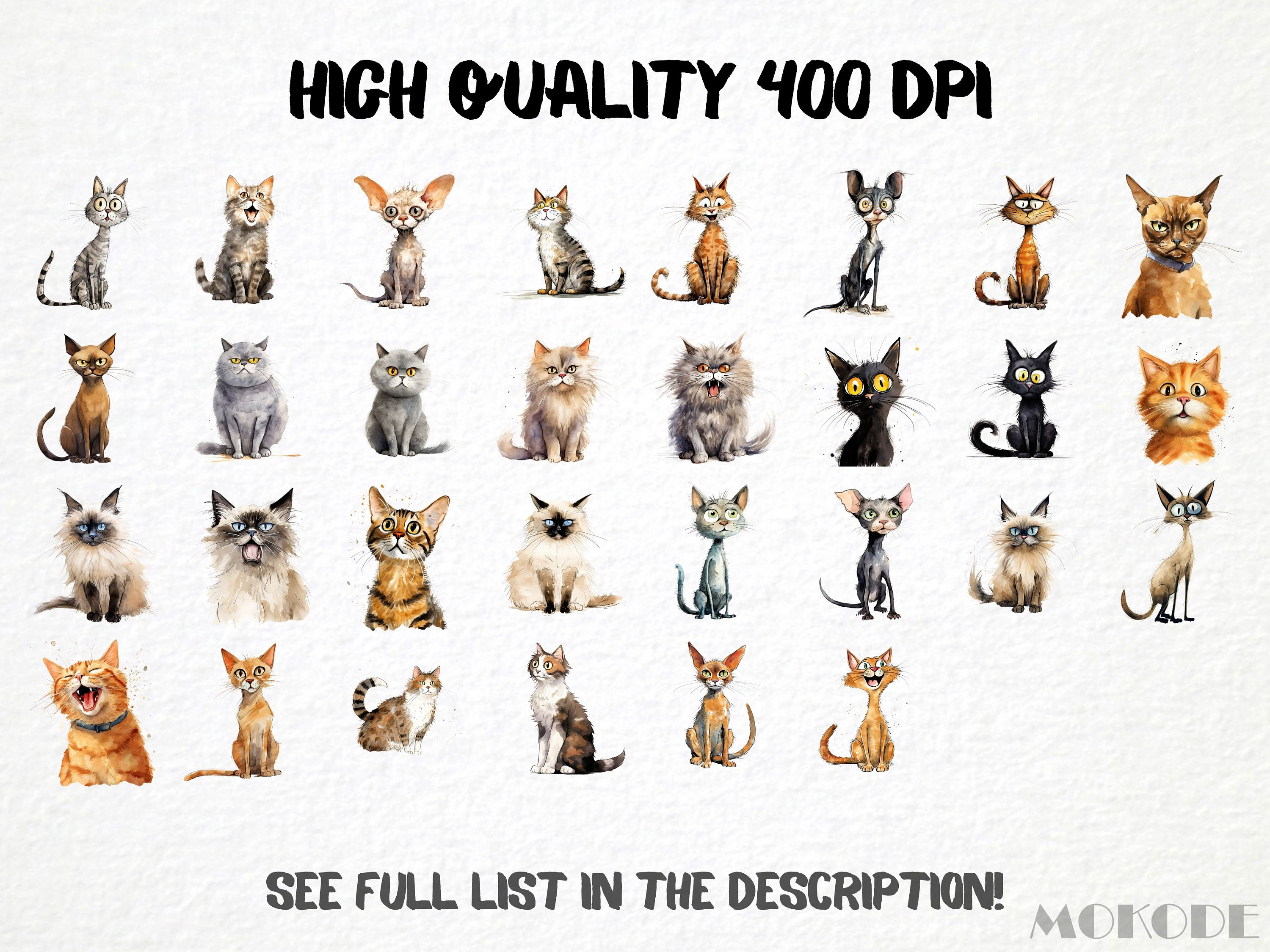 Funny Cat Breeds Watercolor Clipart, 62 PNG Caricature Kittens (digital ...